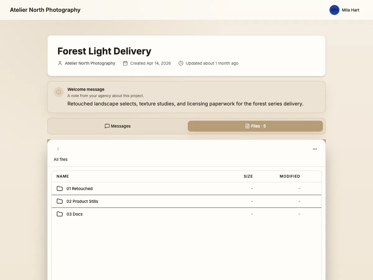 Atelier North client portal with a welcome message, project folders and a Messages tab