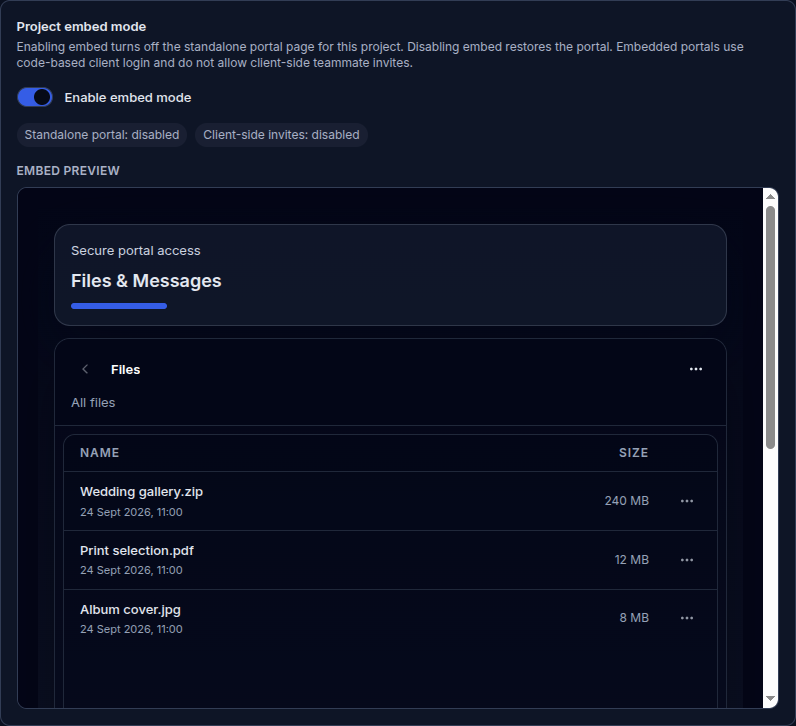 Embed mode enabled with the working portal preview showing three example files
